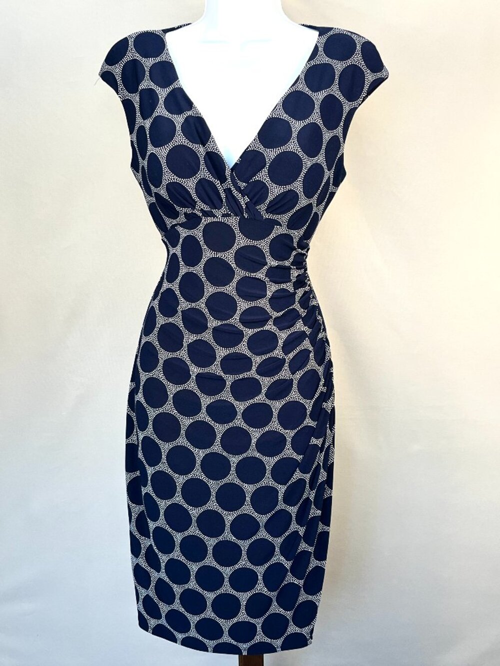 Lauren Ralph Lauren Navy Faux Wrap Dress Sleeveless Ruched Surplice V-Neck Sz 4